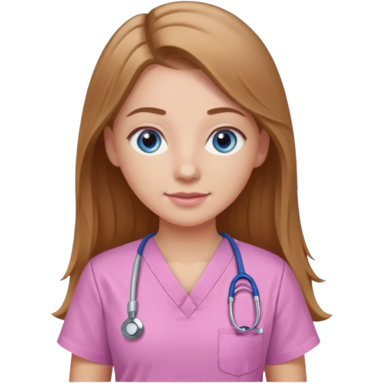 White girl with long light brown hair, grey blue eyes, wearing pink figs scrubs  emoji