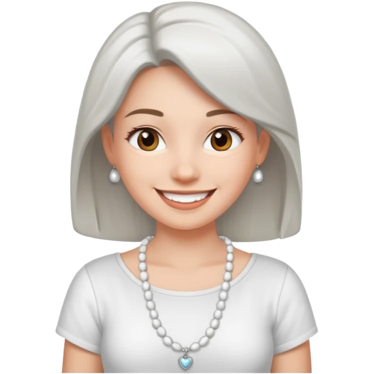 Счастливая Девушка с украшение на шее в виде бус белого и серебряного цвета в белой рубашке emoji