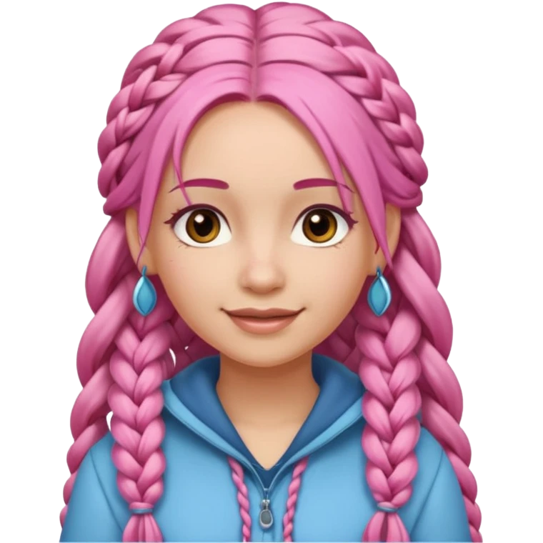 A light-skinned woman with long pink hair styled in braids, brown eyes, and a gentle smile. emoji