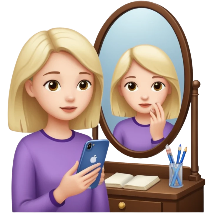 Girl sitting at vanity taking out picture with iphone 15 plus in the mirror and study materials on the vanity emoji