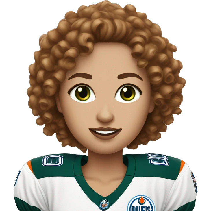 Brown curly hair white woman with green eyes wear an oilers jersey  emoji