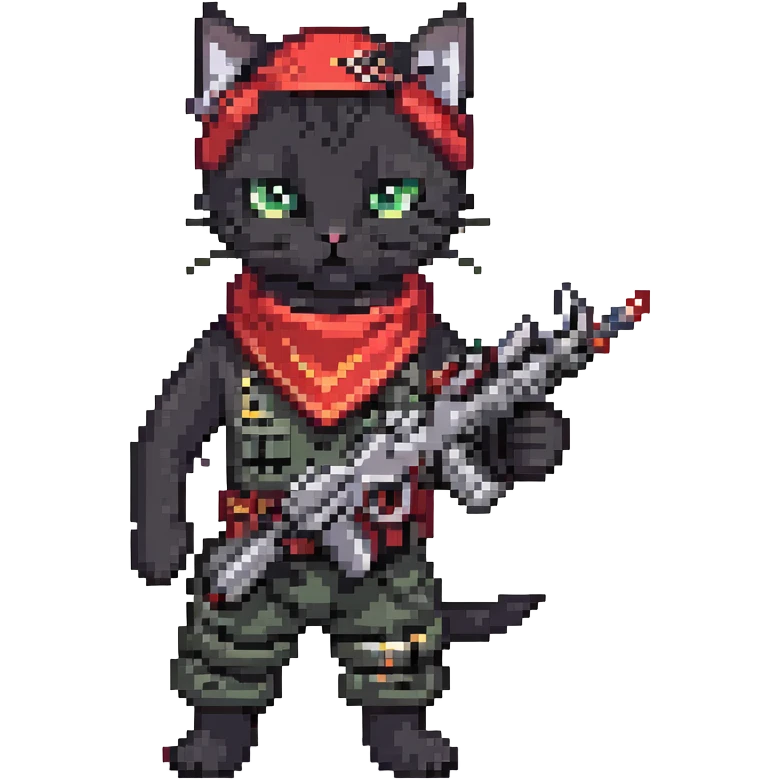 a little black cat with two machineguns and a red bandana, he's just blasting!
 emoji