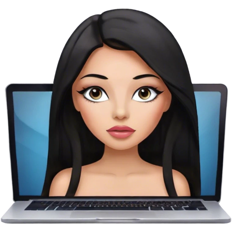 Glamours, tanned, very beautiful girl, with big pump peach-beige-rose lips, eyeliner, long long lashes, black straight smooth silky long hair, straight parting hair, blue-grey eyes with macbook emoji