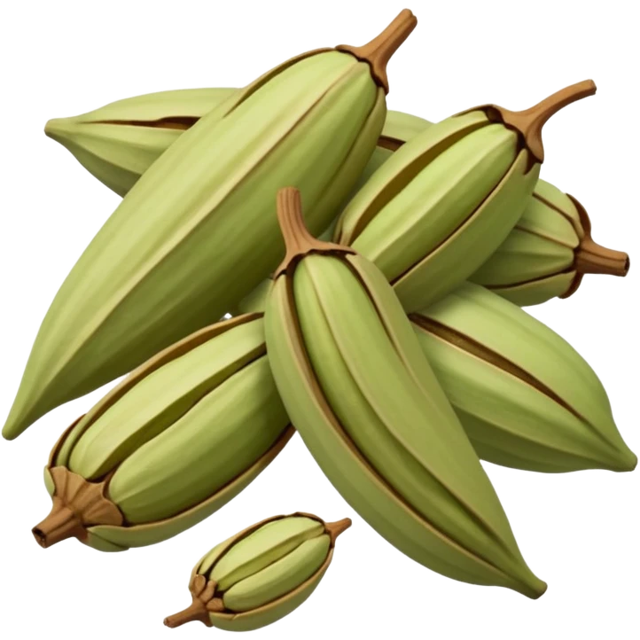 small scatter of whole cardamom pods, oval ridged shape, pale green to light brown hues, slightly wrinkled dry surface, visible seams and pointed ends, aromatic spice seeds inside, apple emoji style, soft lighting, subtle shadows, transparent background, emoji scale emoji