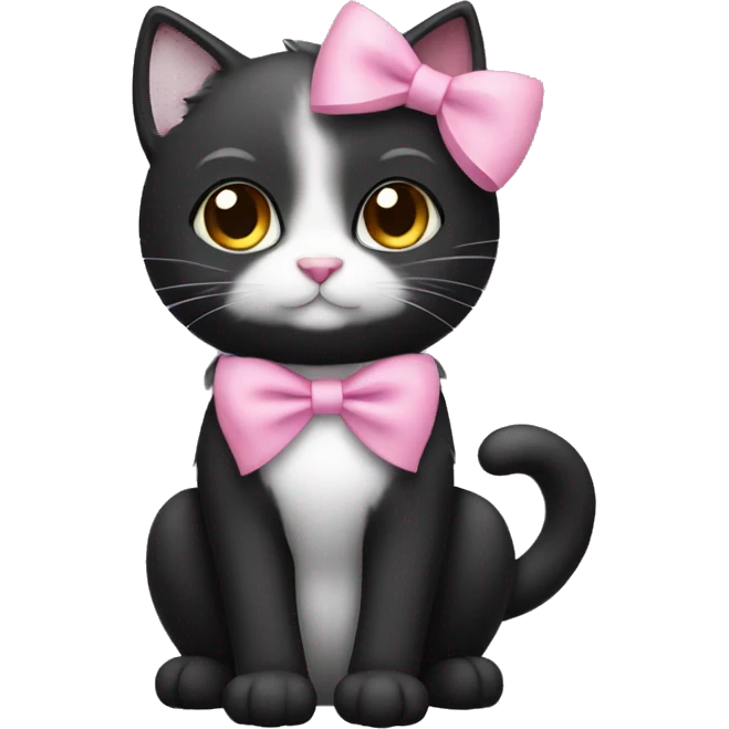 Black cat with white chest fur and a pink bow emoji