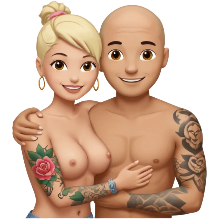 throuple tattooed sleeves bbald male with topless naked big boobed brunette and topless naked big boobed blonde girlfriends  loving  and sexy polygamy naughty  emoji