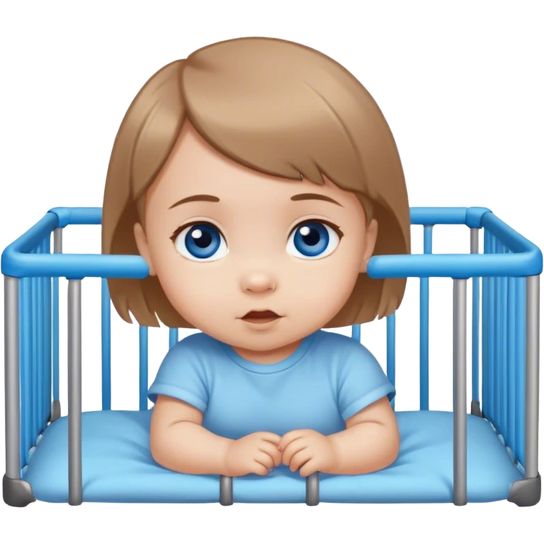 Blue-eyed baby girl with short light brown hair in playpen  emoji
