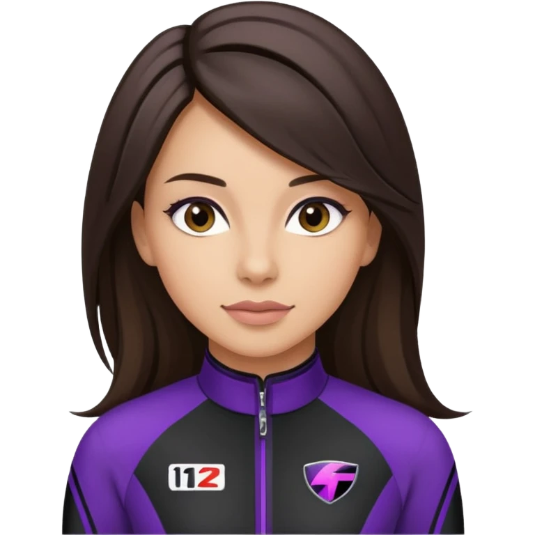 brunette long hair woman with black racing outfit with single purple strip emoji