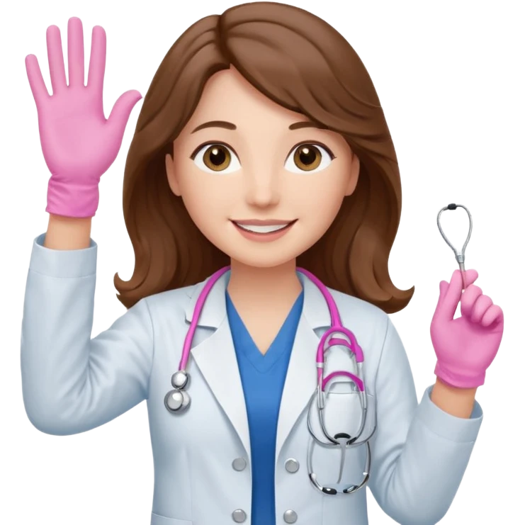 Barbie like emoji of a white woman with brown eyes and long wavy brown hair wearing blue scrubs, white lab coat, pink stethoscope, and raising one hand and a warm smile emoji