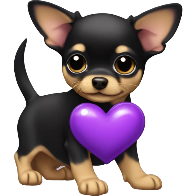 black & tan chihuahua puppy with a purple heart emoji