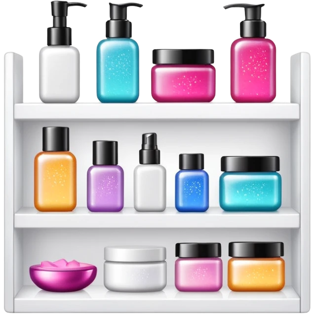 single white shelf with few beauty products and sparkles emoji