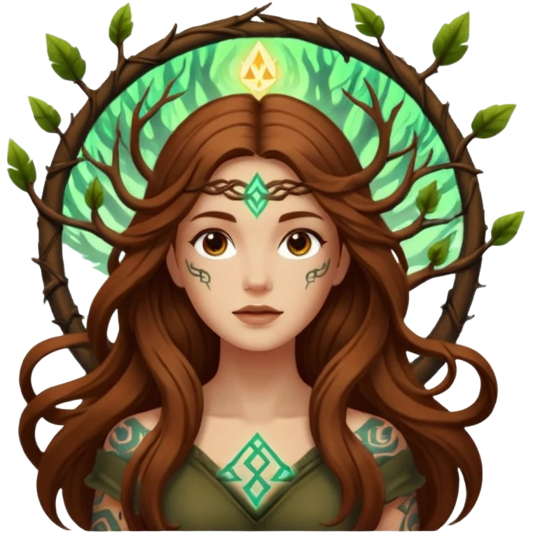 idea moment forest woman long wavy brown hair tattoos glowing rune above head emoji