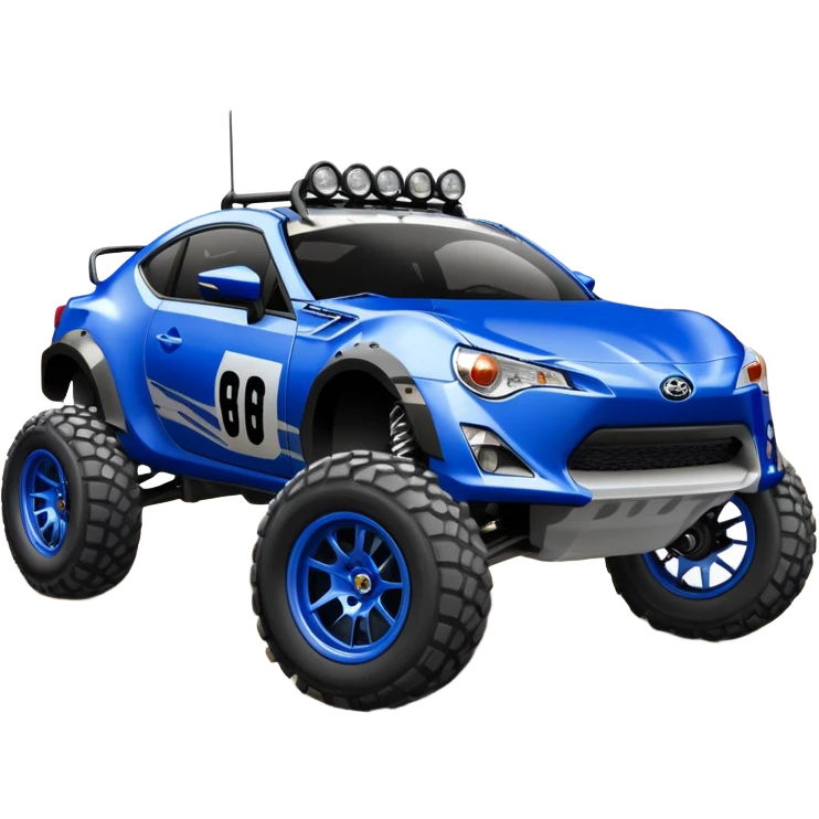 Dirty raced jacked 2013 scion fr-s ultramarine off road 4wd monster Baja dessert stadium rock racer number 86 with long travel suspension, shiny silver wheels, exaggerated wide black fender flares  emoji