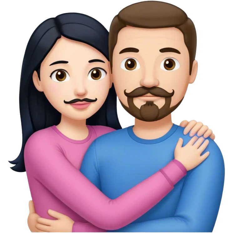 Tall white man with brown mustache goatee wearing blue AND a short pale woman with long black hair wearing pink, hugging emoji