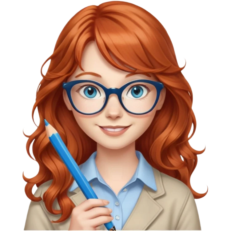 redheaded woman with very long wavy hair and bangs, blue eyes, clear cat-eye glasses, casual chic outfit, holding a pencil, smiling emoji
