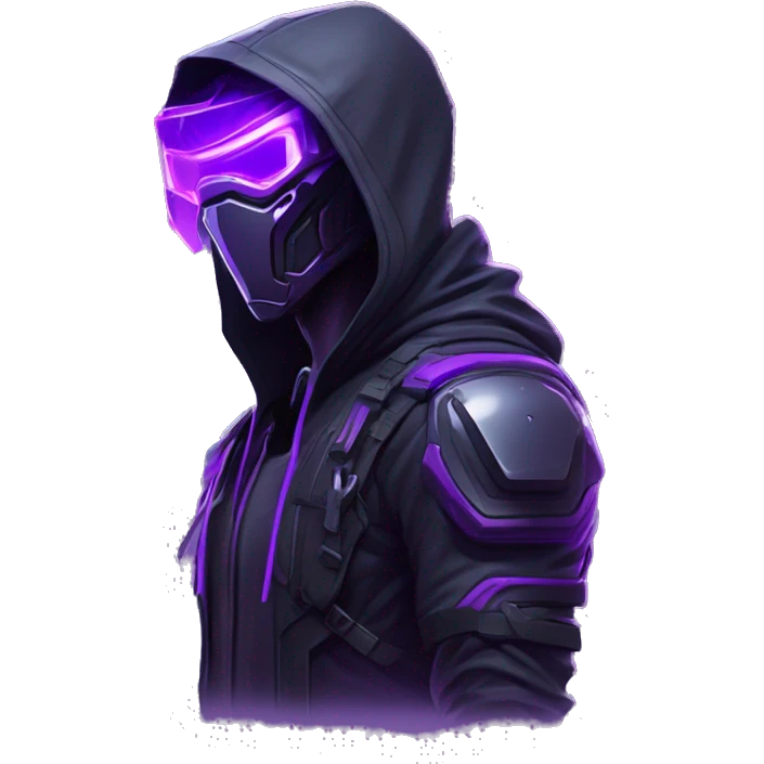 Side view developer behind his laptop with this style : crysis Cyberpunk Valorant neon glowing bright purple character purple violet black hooded assassin themed character emoji