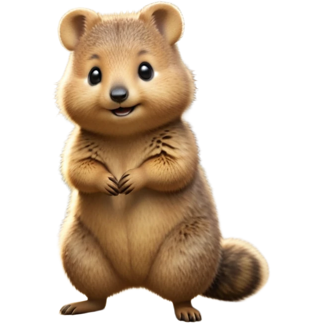 cinematic-quokka-realistic-full-body-standing-emoji,-small-round-frame-balanced-on-tiny-strong-hind-legs,-fluffy-brown-fur-radiating-a-warm-softness,-big-round-eyes-filled-with-joy-and-innocence,-tiny-clawed-paws-held-close-to-chest,-cheerful-smile-exuding-endearing-happiness,-simplified-yet-realistic-focused-features,-highly-detailed,-glowing-with-a-sunny-warmth emoji