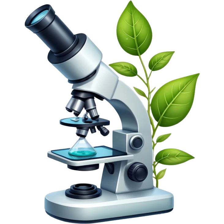 An icon featuring a microscope, a DNA strand, and plant leaves, symbolizing biology. The design includes cells, a test tube with a plant sample, representing life sciences, ecosystems, and the study of organisms. Transparent background highlights the exploration of living systems. emoji
