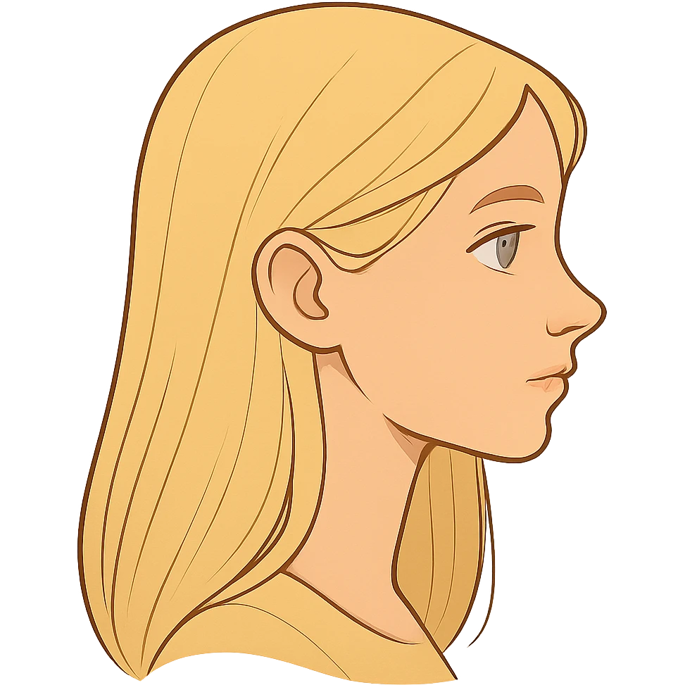 blonde girl with blue eyes, straight hair, side profile, general illustration style emoji