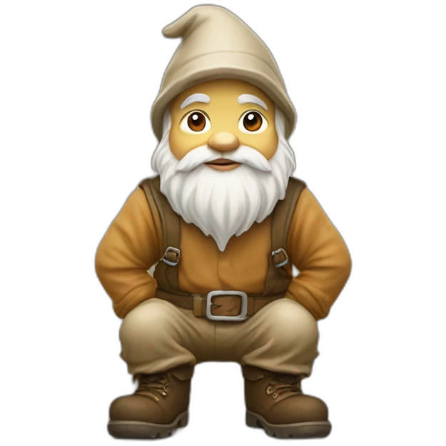 side view of gnome with light tan pants and boots squatting above small brown mud emoji