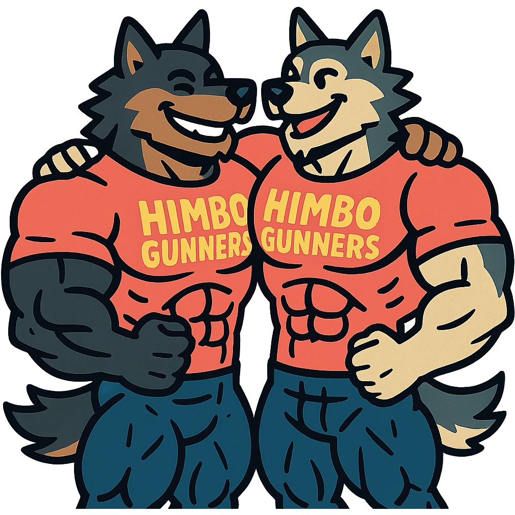 two super buff wolf furries with matching 'Himbo gunners' t-shirts, hugging, happy and confident, exaggerated muscle definition emoji