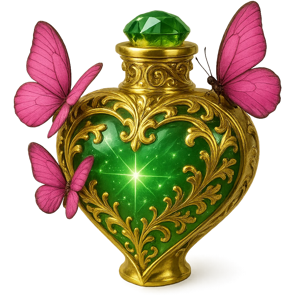 Create a one-to-one heart-shaped bottle as in the example, with the main color green and gold details. Inside, depict a bright, luxurious, stylized crystal effect (not realistic) with more sparkle and glow. Keep the pink butterflies as shown. Illustration style with no background. emoji