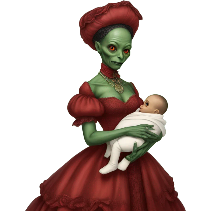  Reptilian alien woman , full body, in victorian red elegant dress , holds a newborn white humman baby emoji