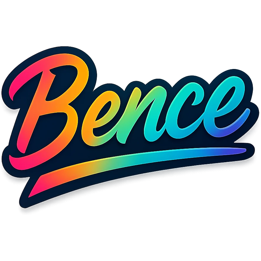 The name 'Bence' in a modern, colorful gradient font with a dark outline, transparent background, with the name underlined or partially underlined with a dynamic, slanted underline, in the style of the sample images. emoji