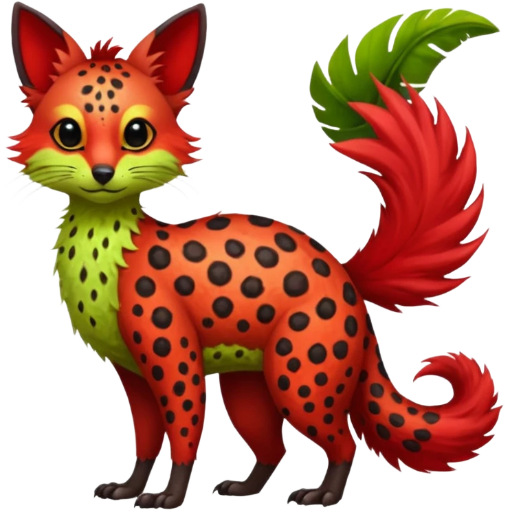 Feral Rare Fantasy vibrant tropical red and sanguine, and lime-collred Vernid-Trico-species-creature by LiLaiRa, random markings, tufted tail, tufted ears, full body emoji
