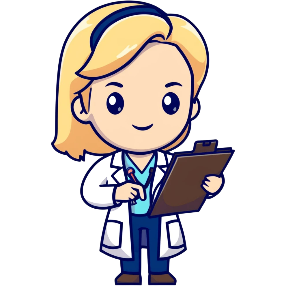 blonde female doctor in white coat with clipboard emoji
