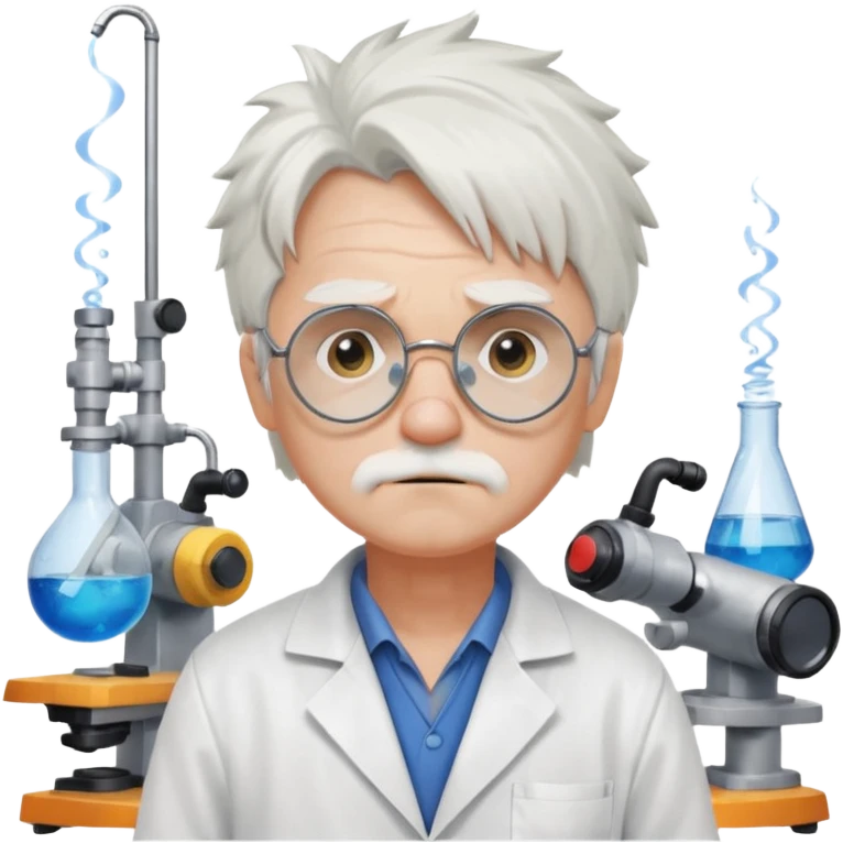 Portrait of an eccentric inventor with messy white hair, round goggles on forehead, sad face , wearing a slightly burnt lab coat, background of workshop with blueprints and tools emoji