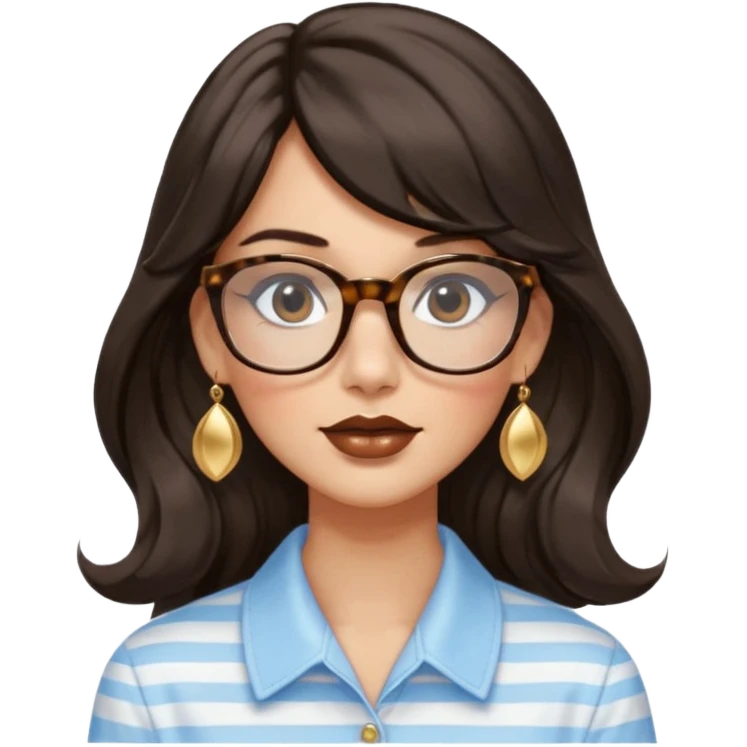 An emoji featuring a woman with long wavy dark brown hair and a whispy bang, wearing thick tortoise SQUARE glasses, gold drop earrings. She has long lashes and a nude browny glossy lipstick. She's wearing an oversize light blue shirt with white vertical strips. emoji