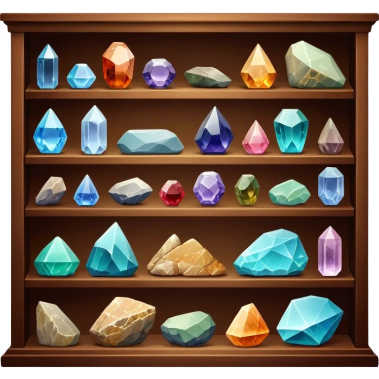Icon for Mineral, Stone & Fossil Collecting: a display of various colorful minerals, gemstones, and fossils, arranged neatly on a table or shelf. The icon should reflect the beauty and scientific interest of collecting natural specimens. Transparent background. emoji