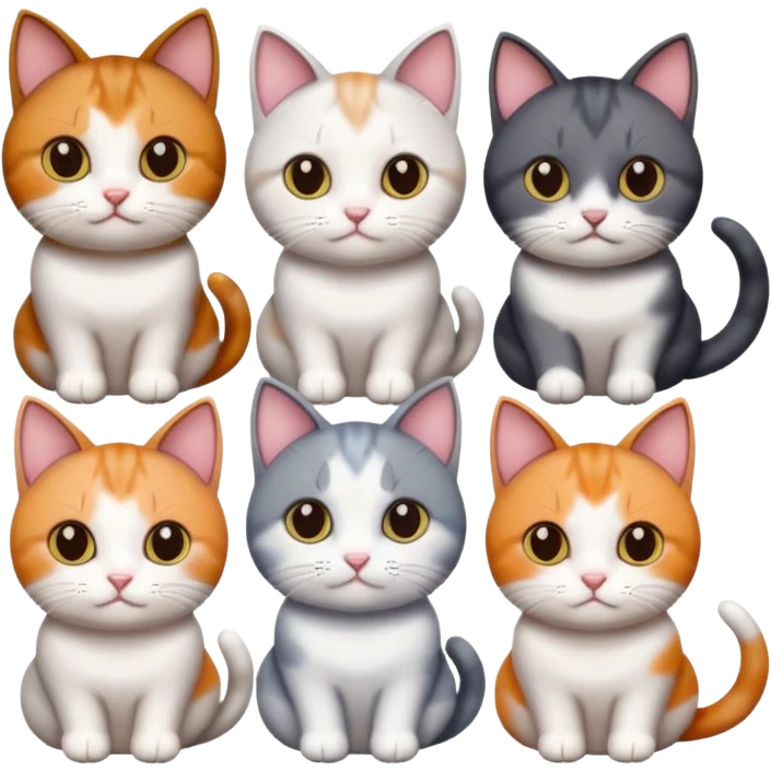 5 different coloured short haired cats including; a dark brown and white cat, and a dark grey and white, and a calico emoji