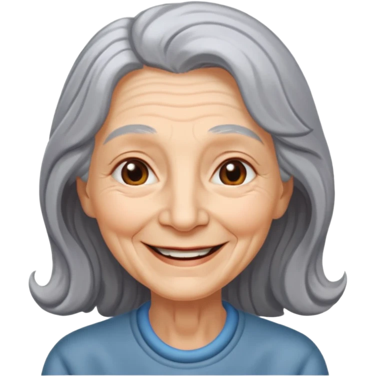 an elderly woman with long, grey hair and a smiling face emoji