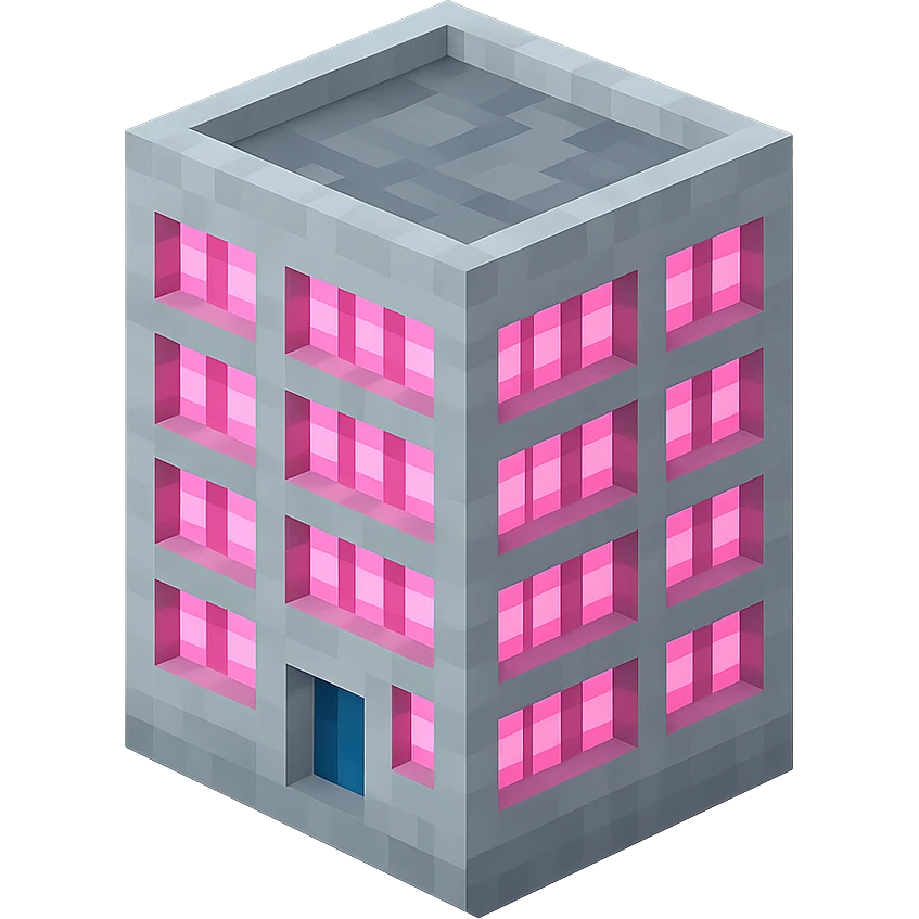 Russian panel apartment building, square block shape, light gray concrete, windows glowing pink, isometric view emoji