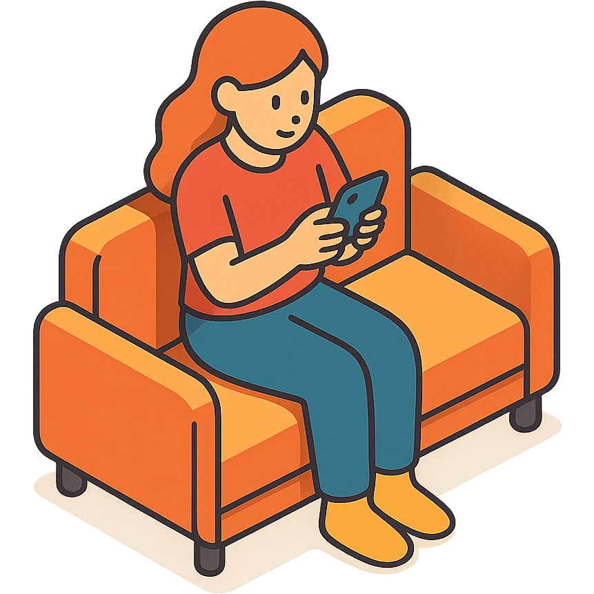 Девушка сидит на диване с телефоном emoji