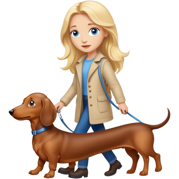blonde girl with long hair and blue eyes walking with a dachshund emoji