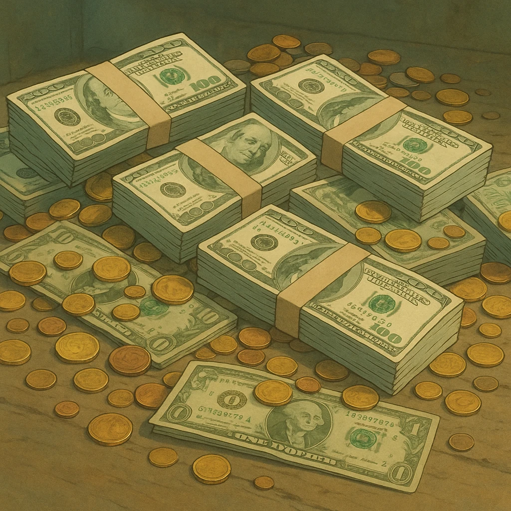 money, cash, dollar bills, coins, wealth in ghibli style emoji