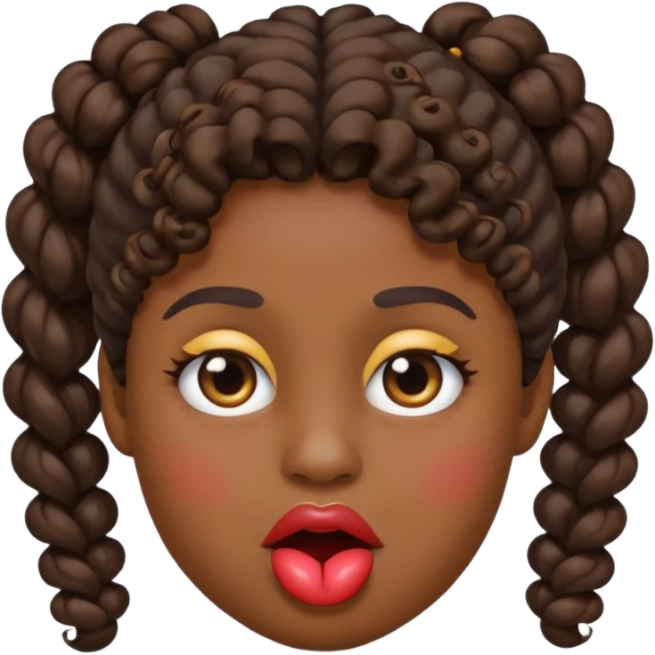 emoji sucking its lips in with one eyebrow up and the other one down dark skin and curly hair in one ponytail emoji