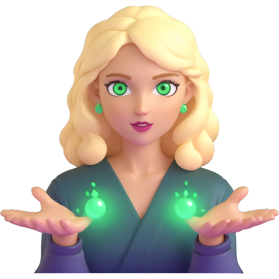 blonde woman with green eyes, fireballs and magical effects emoji
