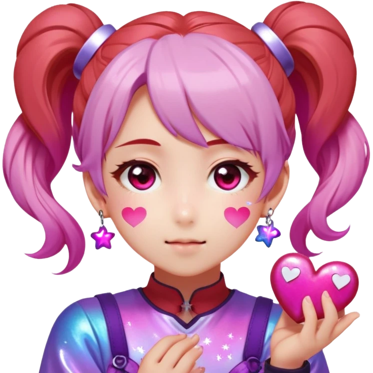 Face: Rosy terracotta skin (#E3B68E), star-pupiled eyes sparkling with 6-point white glints. Hair: Twin ponytails dyed gradient pink→purple, holographic hair charms shaped like hearts. Extra: Speech bubble exploding with "KYAAAA!" in red katakana, hands squeezing cheeks. emoji