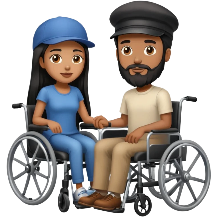 Beige skin man with a beard and cap in a wheelchair and a brown skin woman with long black hair in a wheelchair  emoji