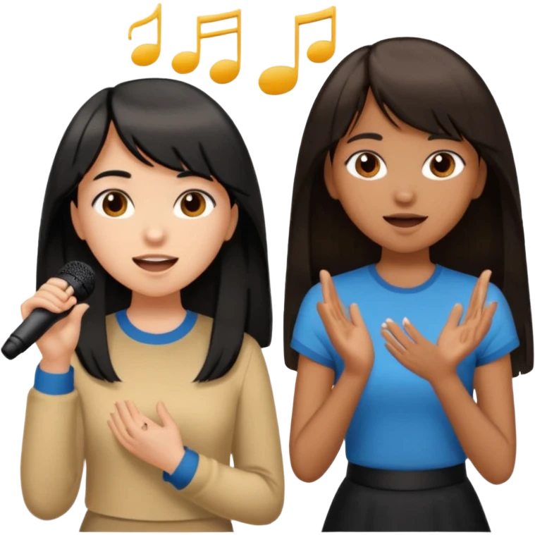 a brown girl with long black hair and a white girl with bangs and brown medium length hair singing together  emoji