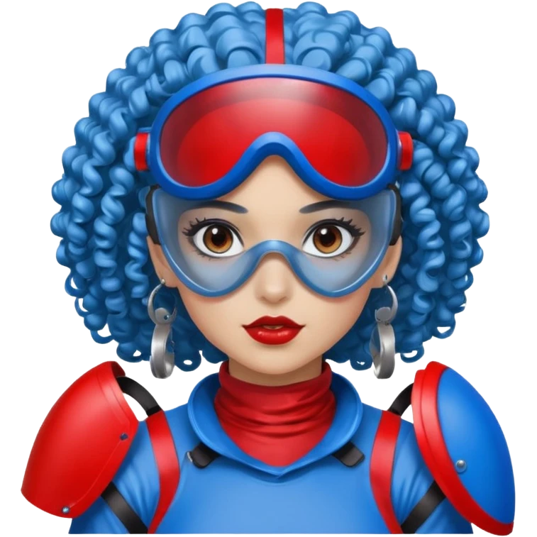 blue curly haired girl with huge earrings, wearing red paintball helmet and eye protection, only face  emoji