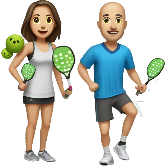 4 Caucasian people playing pickleball with 1 tall bald male, 1 shorter brown hair male, 1 girl with long brown hair, 1 girl  with brown hair emoji