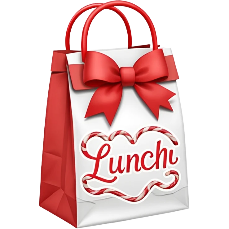 christmas paper lunch bag with the word lunch on it and a bow and candycanes emoji