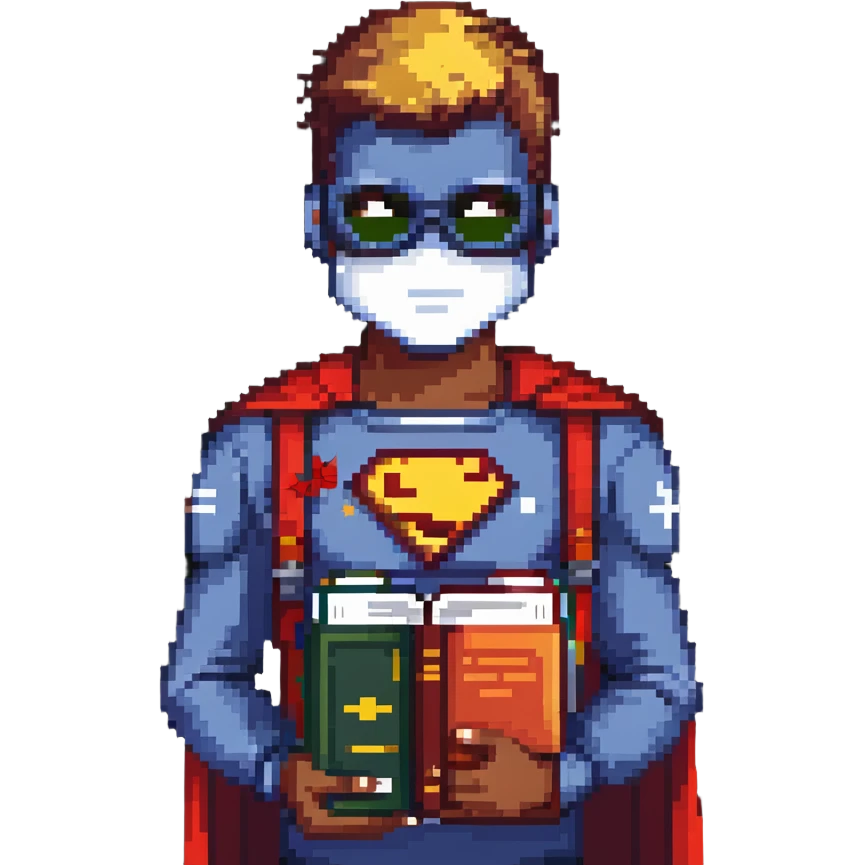 student with superhero mask and books emoji