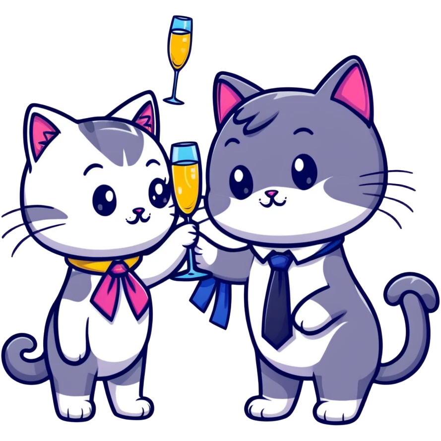 happy girl cat with eyelashes wearing a colorful necktie and happy boy cat wearing a professional necktie clinking champagne glasses together in celebration, both with cheerful expressions emoji
