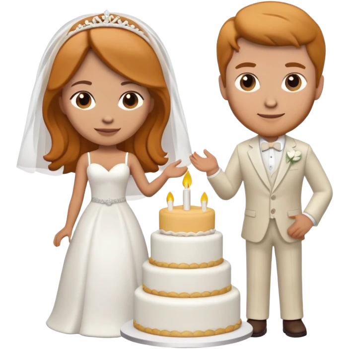 wedding cake toppers with white man with brown hair and white woman with light ginger hair emoji